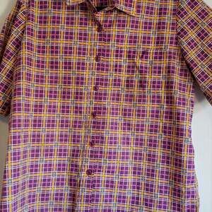 Adrian Delafield Short Sleeve Button Down blouse Plaid Print‎ Size Large